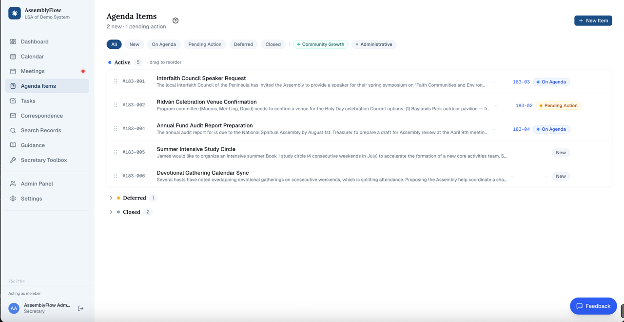 The AssemblyFlow agenda builder, showing devotional items framing the meeting business