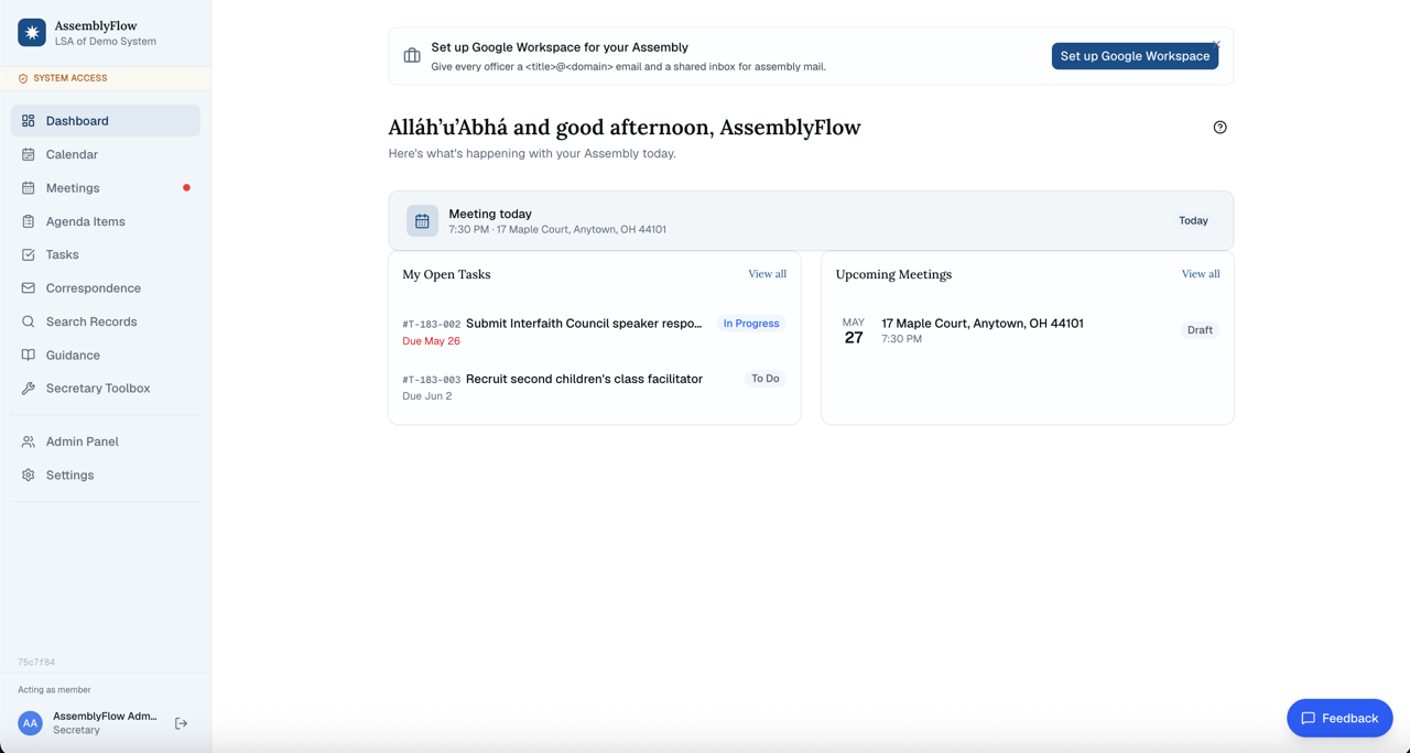 An Assembly's dashboard in AssemblyFlow — its own records, no other Assembly's data visible